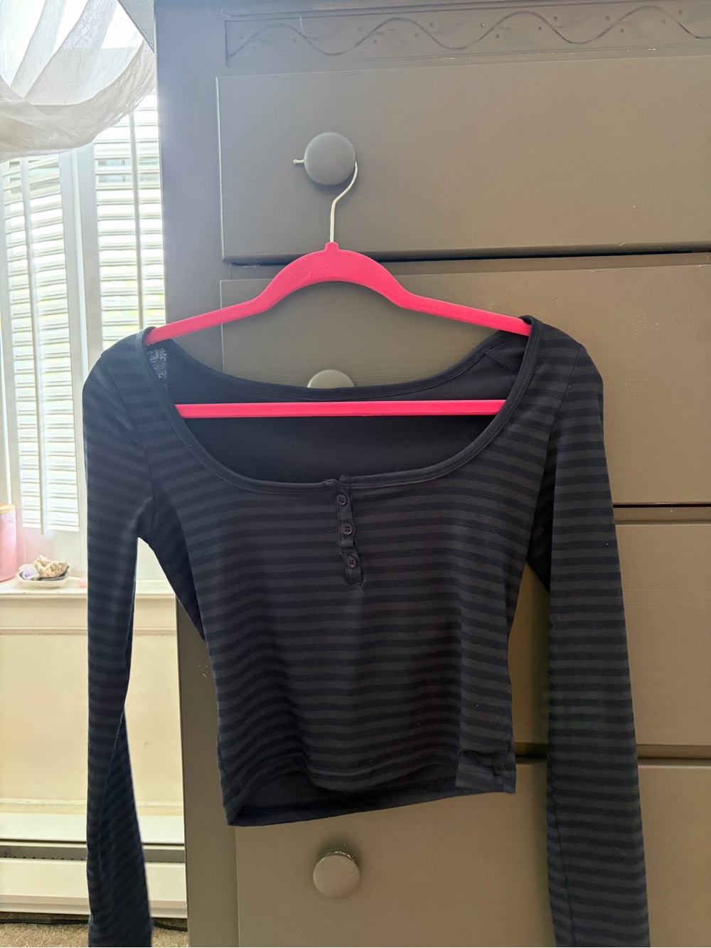 Women’s Long Sleeve Scoop Neck Stripe Top - Navy Blue